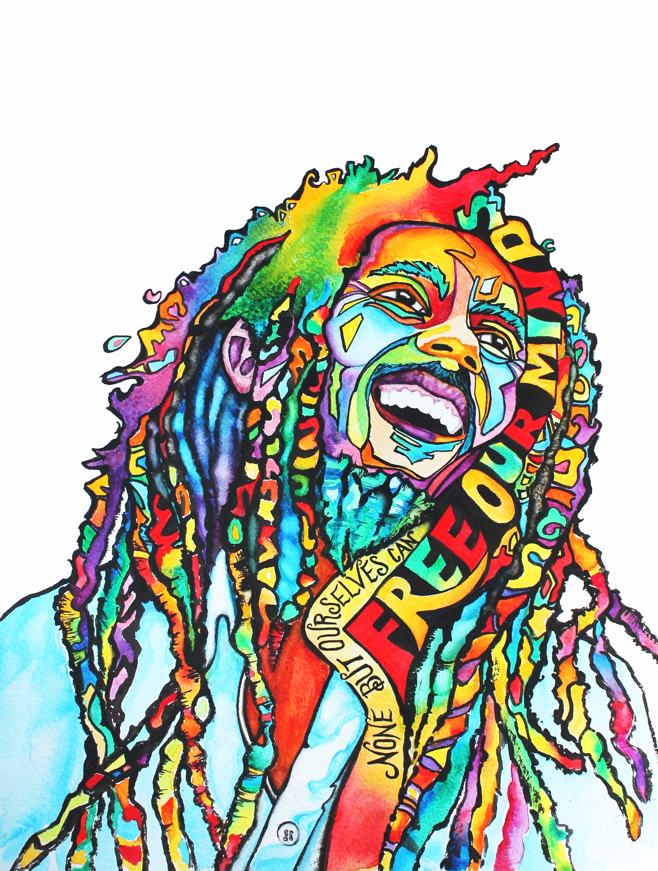 Bob Marley Free our Minds original watercolour painting - 99 World Artists
